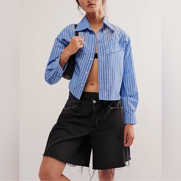 Free People x Understated Leather Embellished Western Striped Button Down NWOT - Picture 1 of 7